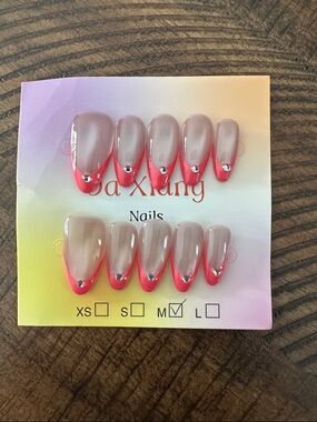Neon Pink French Tip Press-On Nails with Rhinestones